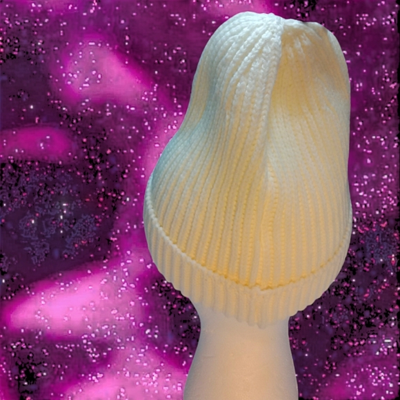 Ladies Smiley Face Ribbed Knit Beanie | Cream 1 Size Fits Most | Old E. Main Co. - Picture 7 of 15